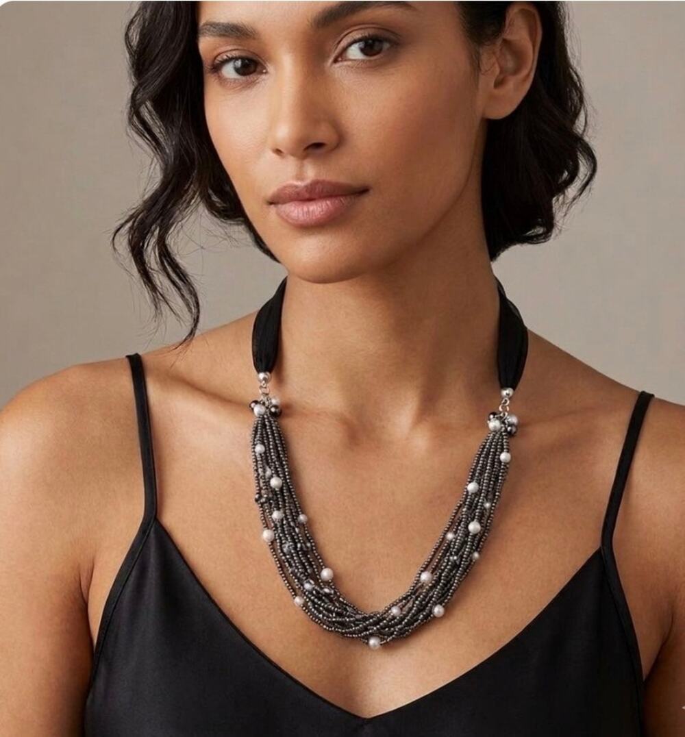 VTG Layered Metallic Seed Bead Chunky Necklace Black Ribbon Accent Pearl Boho